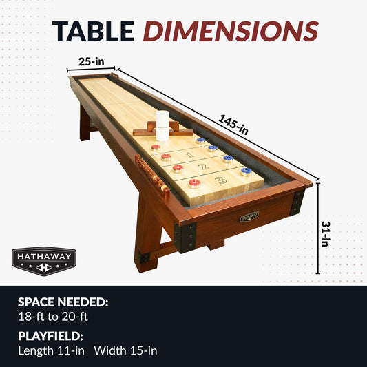 Rustic oak finish 12 ft shuffleboard table with butcherblock playing surface and oak finish hardwood frame. Dimensions 125" long, 25" wide, 31" high. - Build Your Man Cave - Cheyenne 12 ft Shuffleboard Table - Rustic Oak Finish - Default Title - BG50354