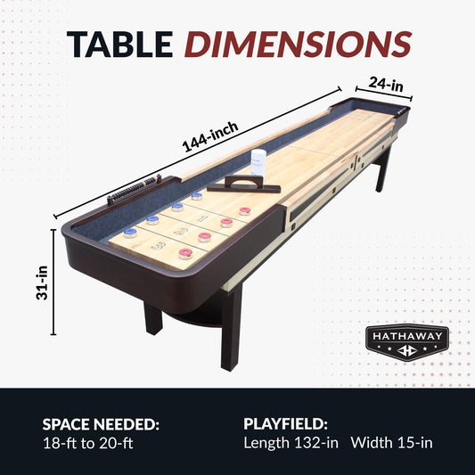 12-ft shuffleboard table with espresso finish, butcherblock playfield, wooden abacus style scoring. Table dimensions: 144" long, 24" wide, 31" high. - Build Your Man Cave - Merlot Shuffleboard Table 12 ft - Espresso Finish - Default Title - BG50357info