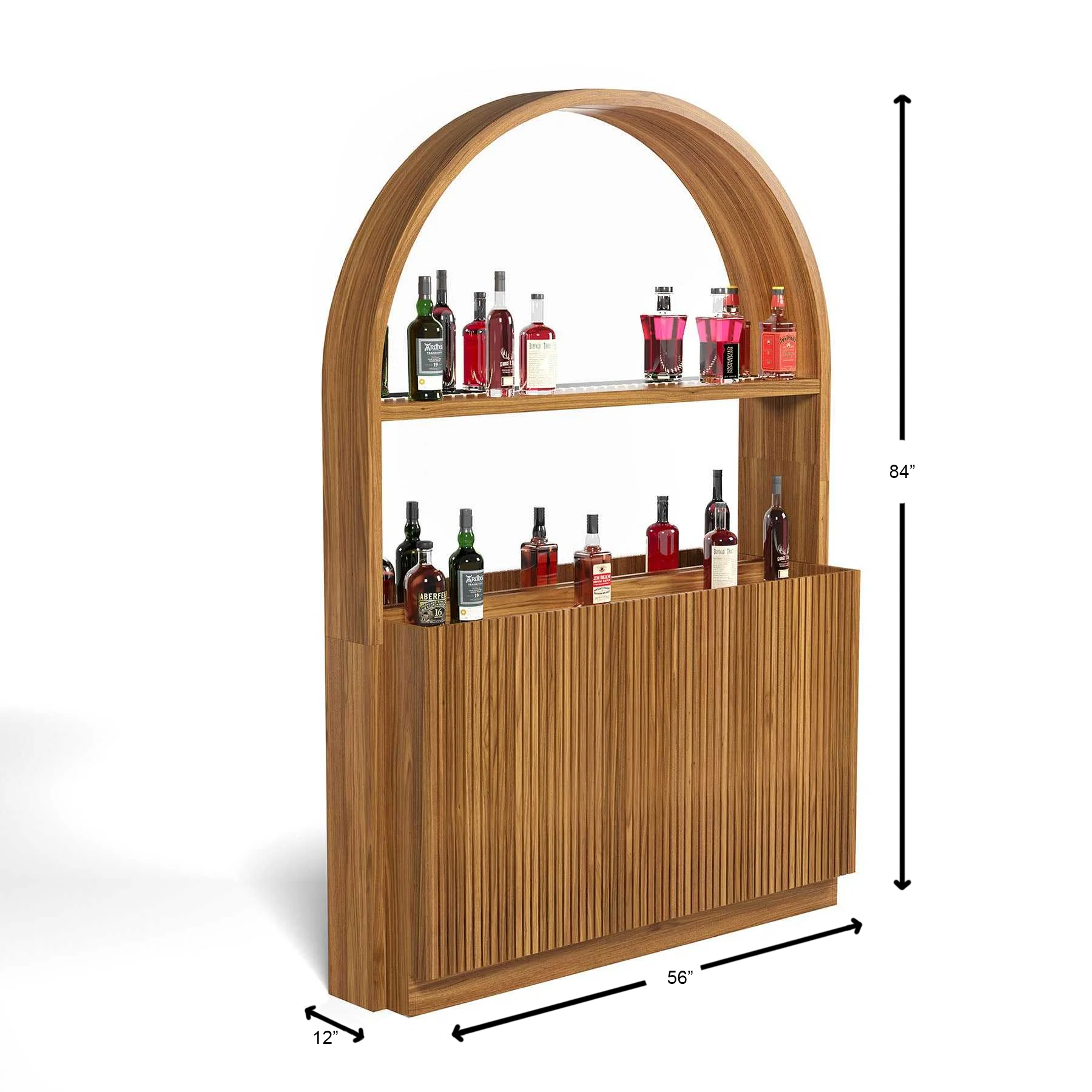 Optional Prohibition Back Bar features shelves, a mirror, built-in LED lights. 84" high, 56" wide, 12" deep. In black or walnut.
