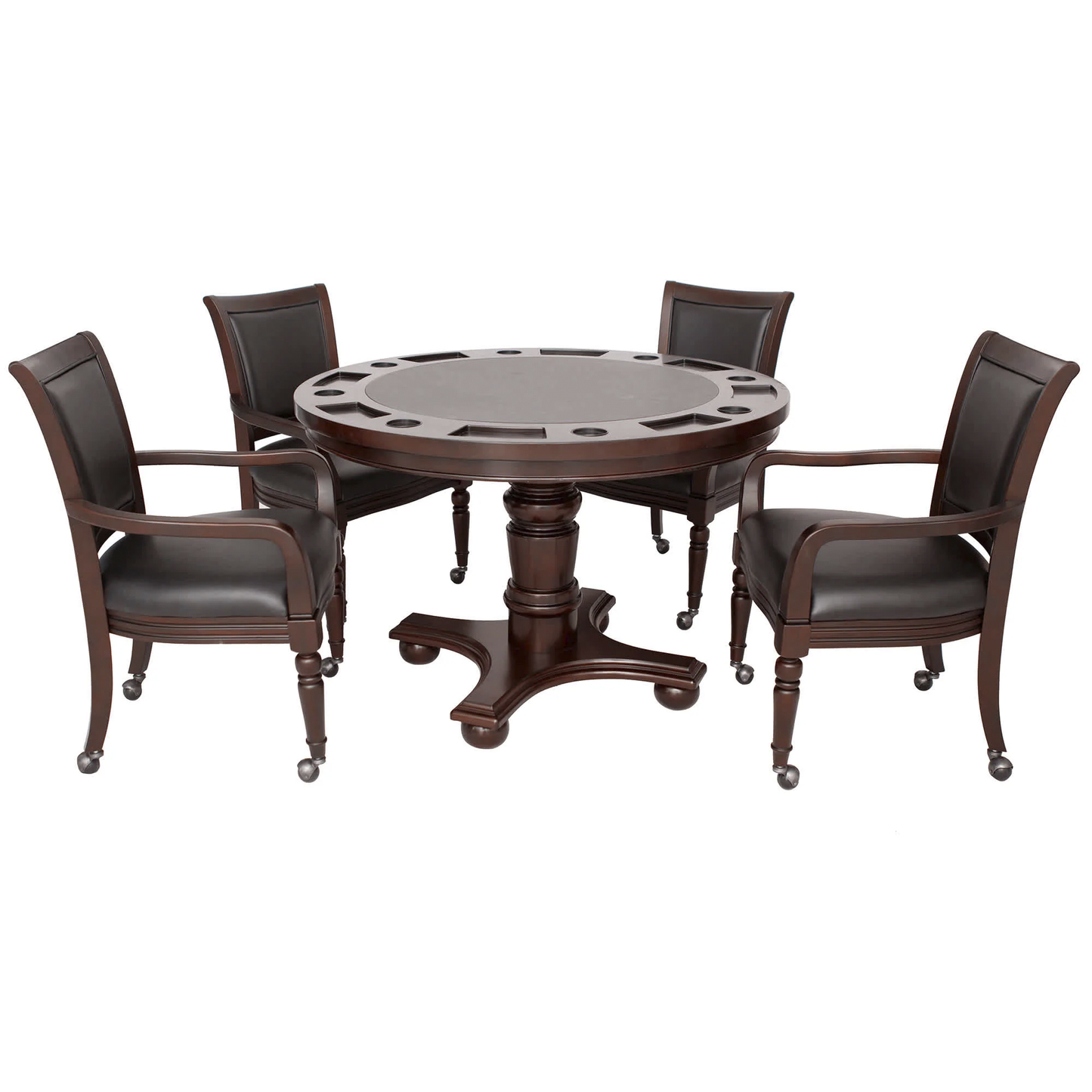 Bridgeport 48-in Poker Table and Dining Top with 4 Armchairs - Walnut Finish. Seats 8. Built-in drink holders and chip slots. 1-Year Warranty 