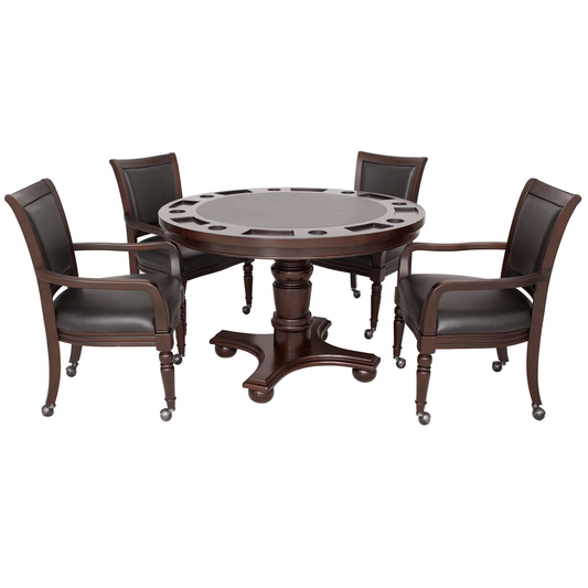 Bridgeport 48-in Poker Table and Dining Top with 4 Armchairs - Walnut Finish. Seats 8. Built-in drink holders and chip slots. 1-Year Warranty 