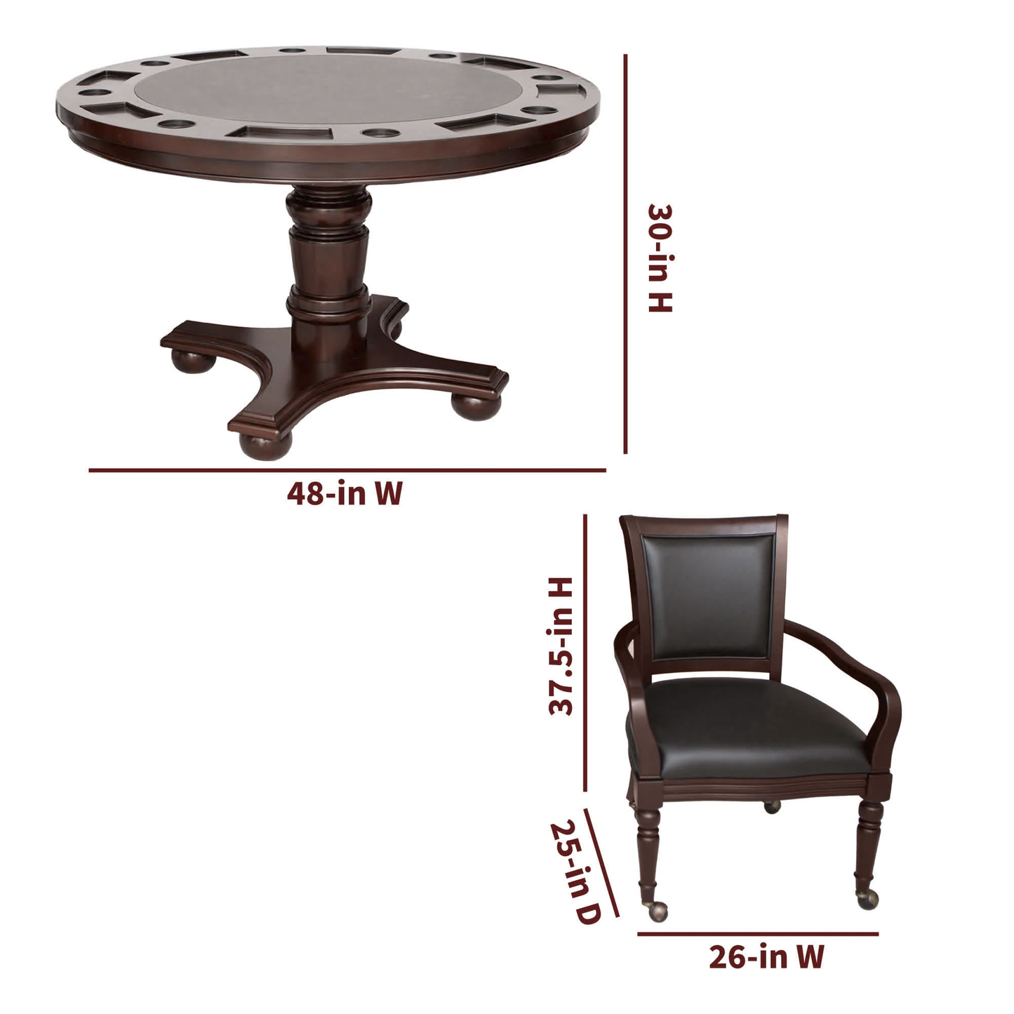 Table is 48" wide and 30" high. Chairs are 37.5" high, 25" deep, 26" wide. Padded, upholstered with black faux leather.