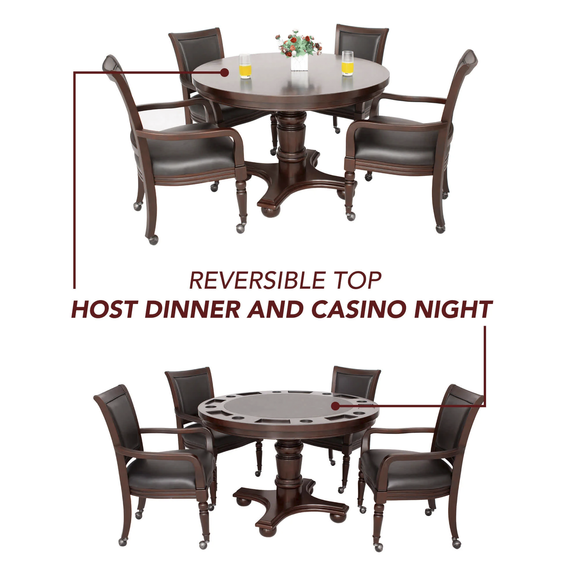 Bridgeport 48-in Poker Table and Dining Top with 4 Armchairs - Walnut Finish. Reversible tabletop goes from dining to gaming instantly!