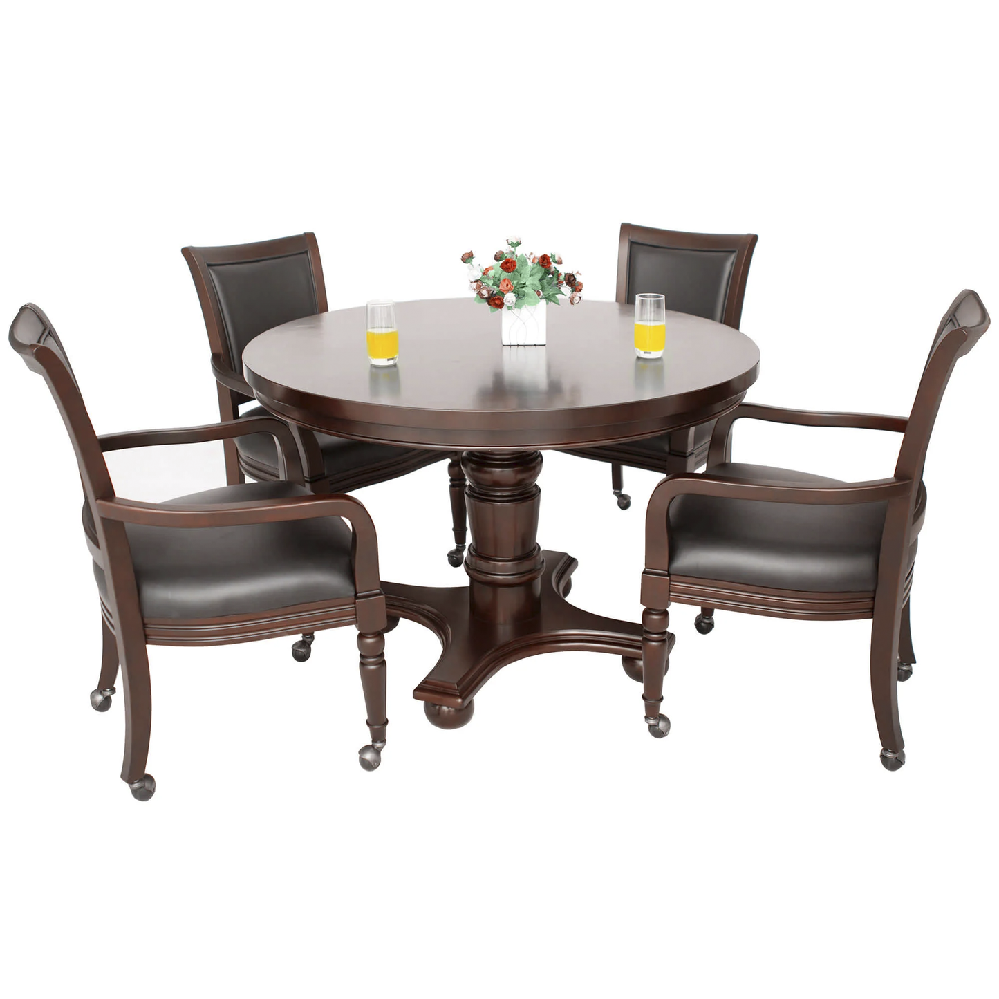 Bridgeport 48-in Poker Table and Dining Top shown with dining top. Sturdy pedestal base and wheeled chairs.