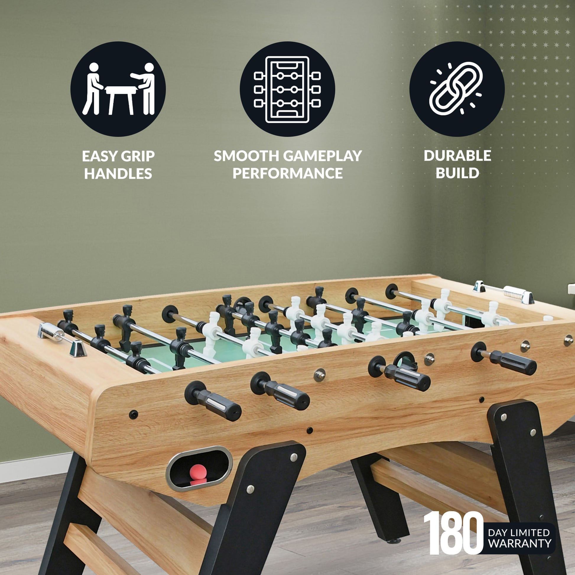 Center Stage foosball table durable build, easy grip handles, 3 goalies, 180-day warranty