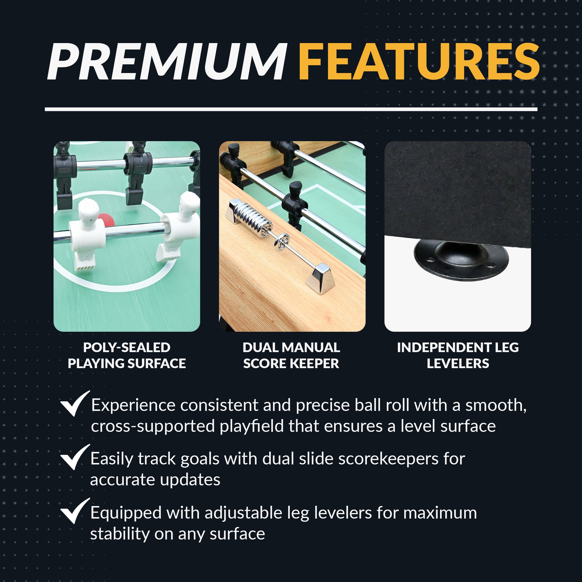 Center Stage foosball table dual abacus scorers, poly-sealed cross-supported playing field, and automatic ball return