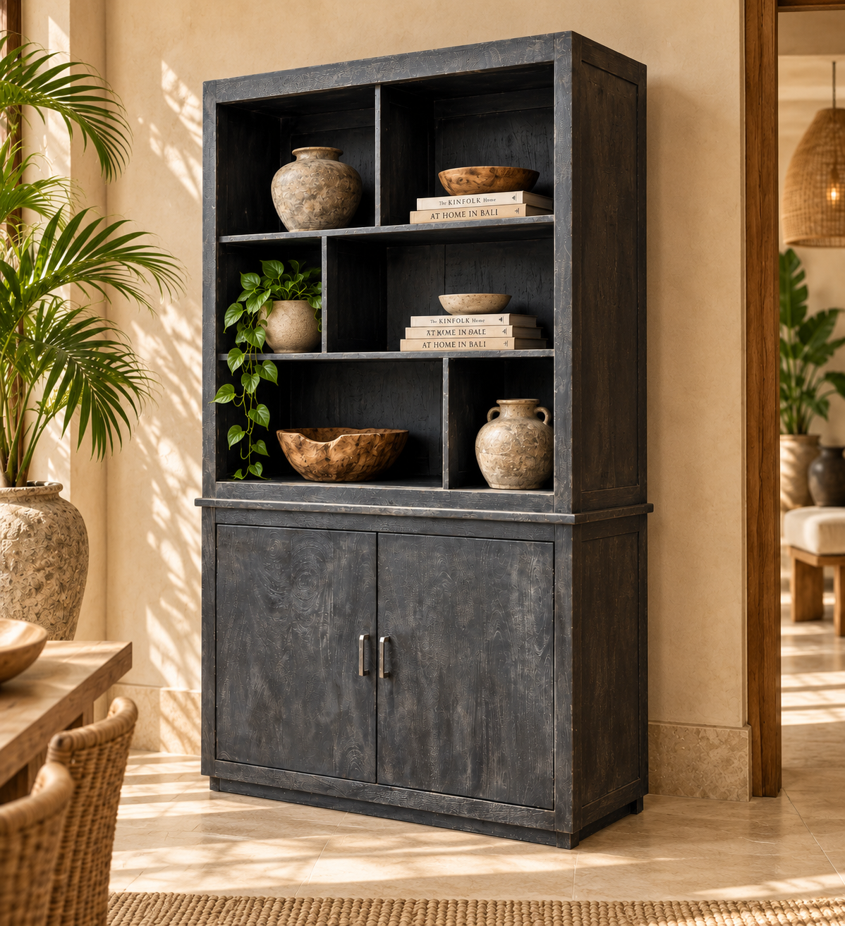 The Broward Design Center Black Indian Wood Hutch with Open Shelving - 48 x 18 x 79 in