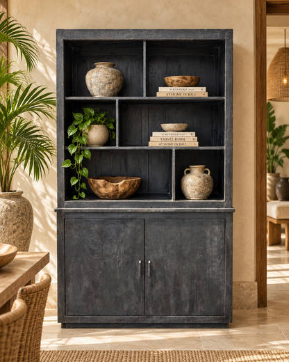 The Broward Design Center Black Indian Wood Hutch with Open Shelving - 48 x 18 x 79 in