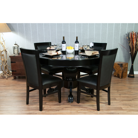 Black lacquered round poker table with matching dining top and chairs 
