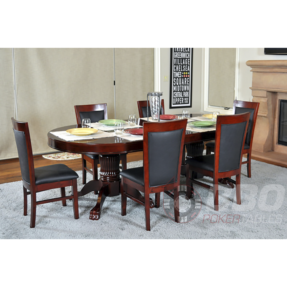 Oval mahogany poker table with optional dining top and matching chairs