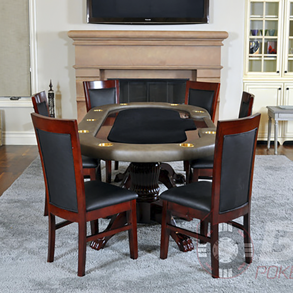 Oval Texas Hold-em Poker table in mahogany with matching chairs.