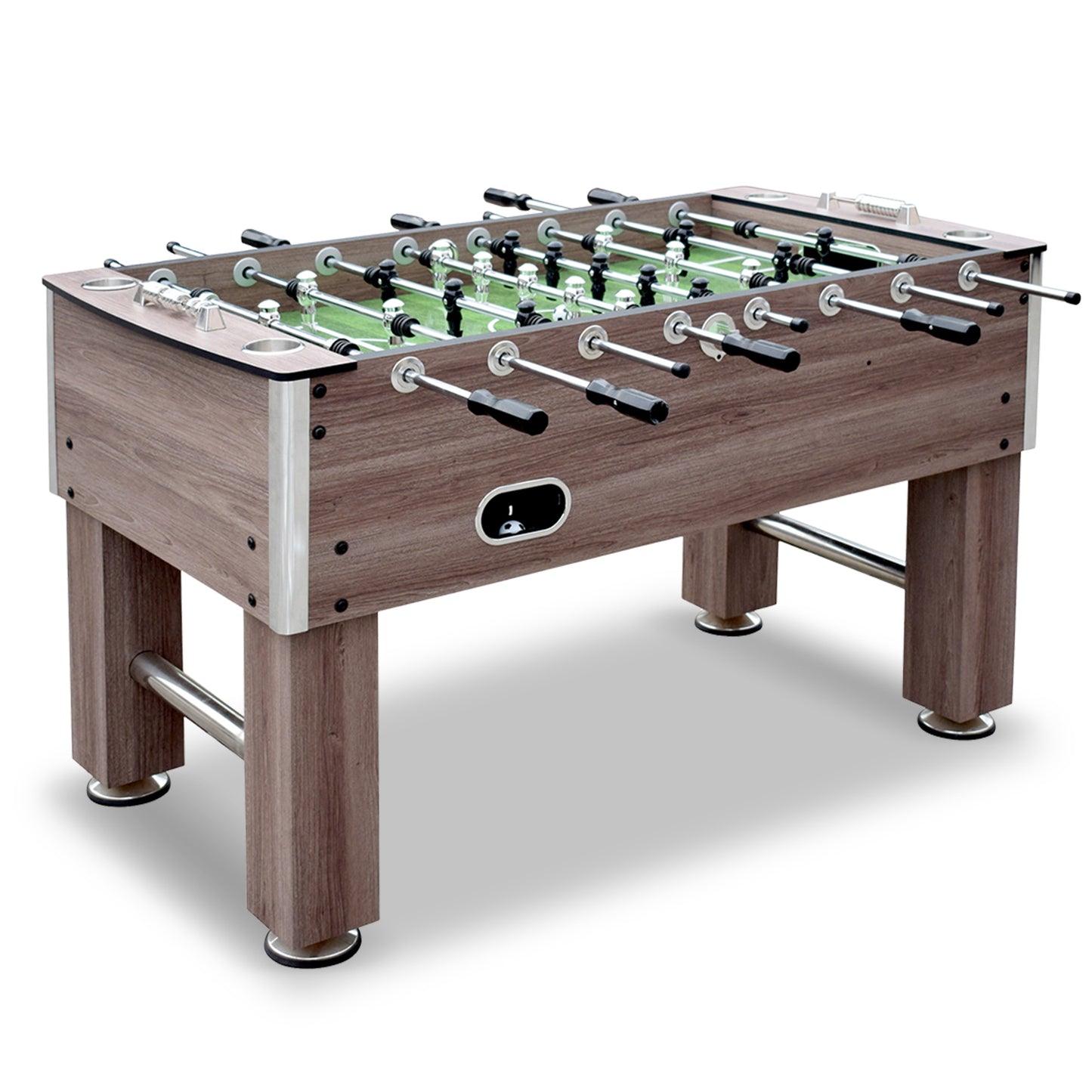 Driftwood 56-inch foosball table driftwood finish with stainless steel drink holders is the flagship of the Hathaway foosball tables.