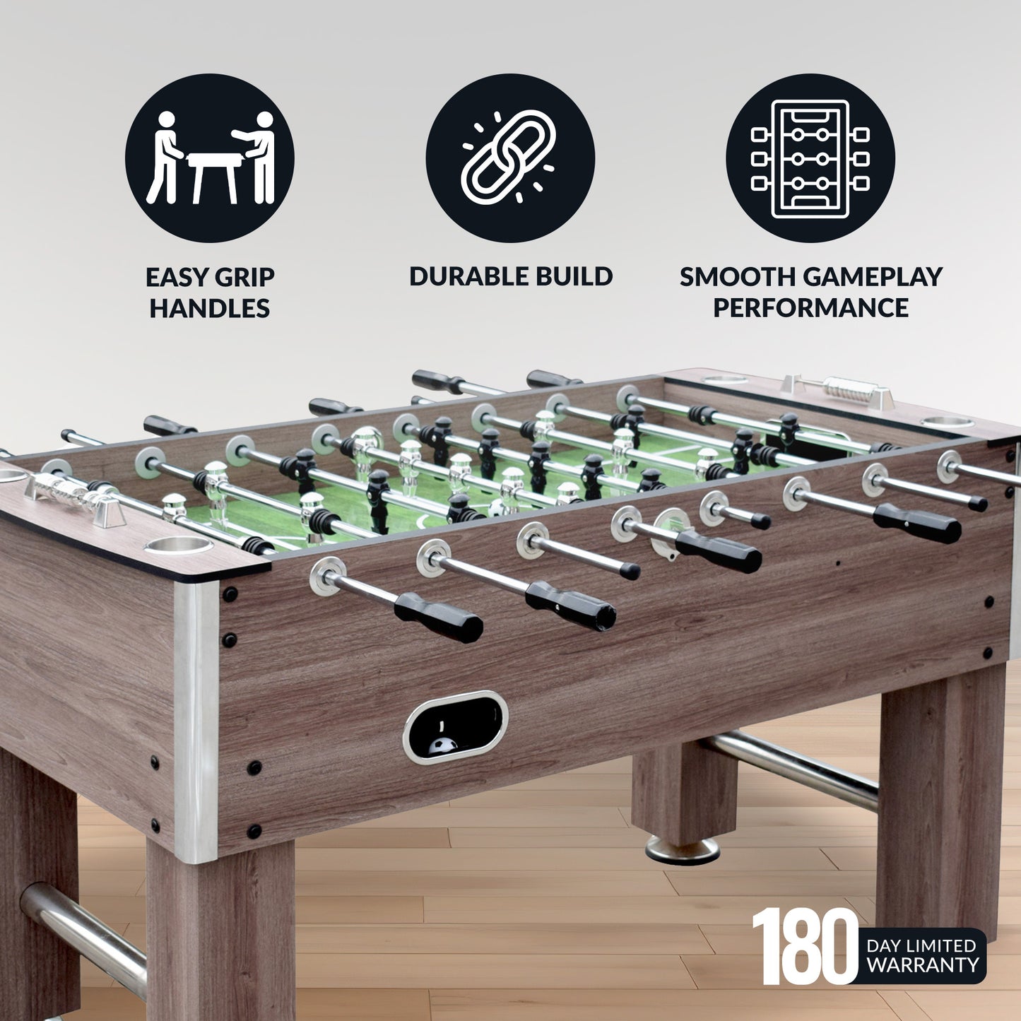 Driftwood foosball table chrome-plated solid stainless-steel rods and EZ-spin bearings. Configured with one goalie. 180-day warranty.