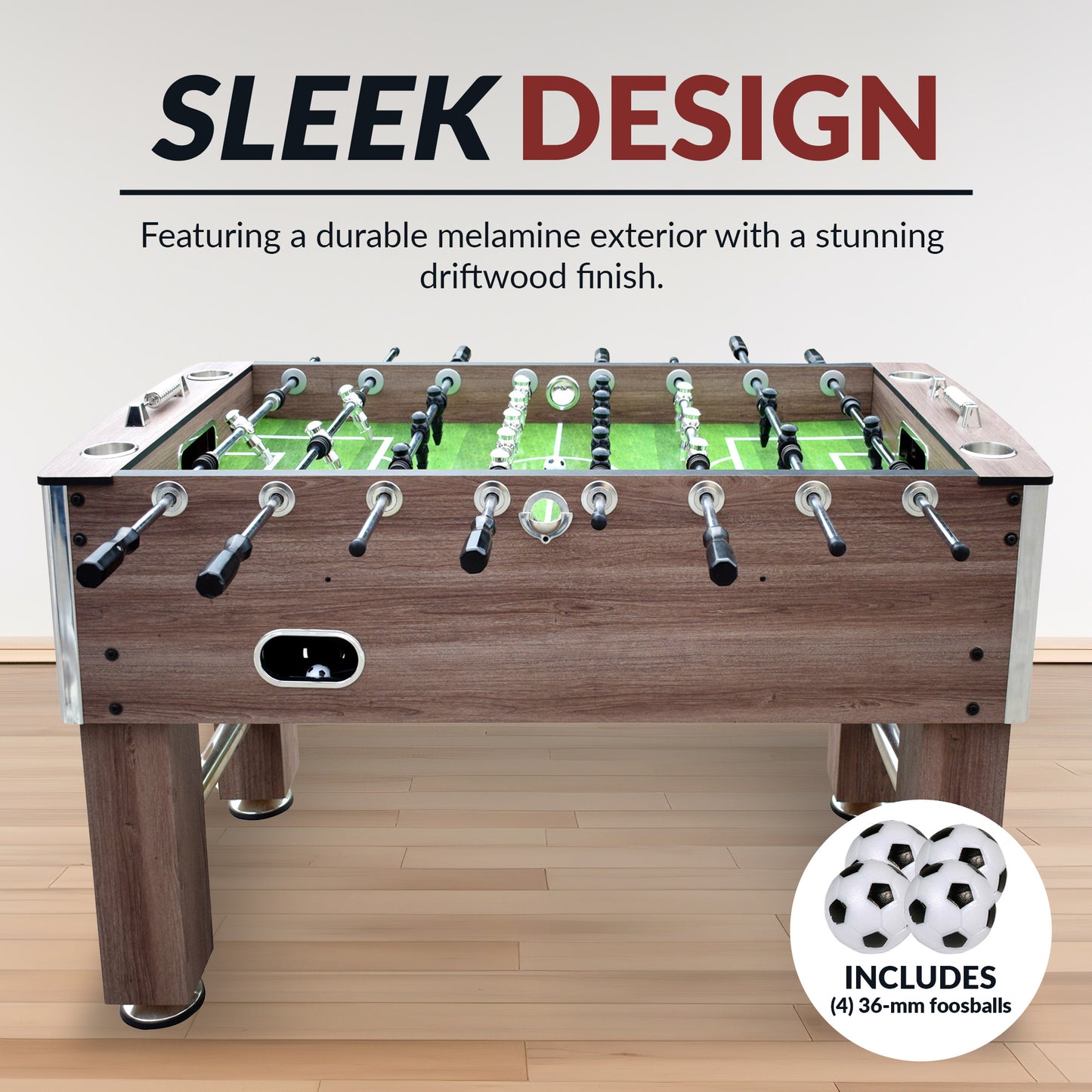 Driftwood 56-inch foosball table playing surface cross-supported for level play. Includes four balls.