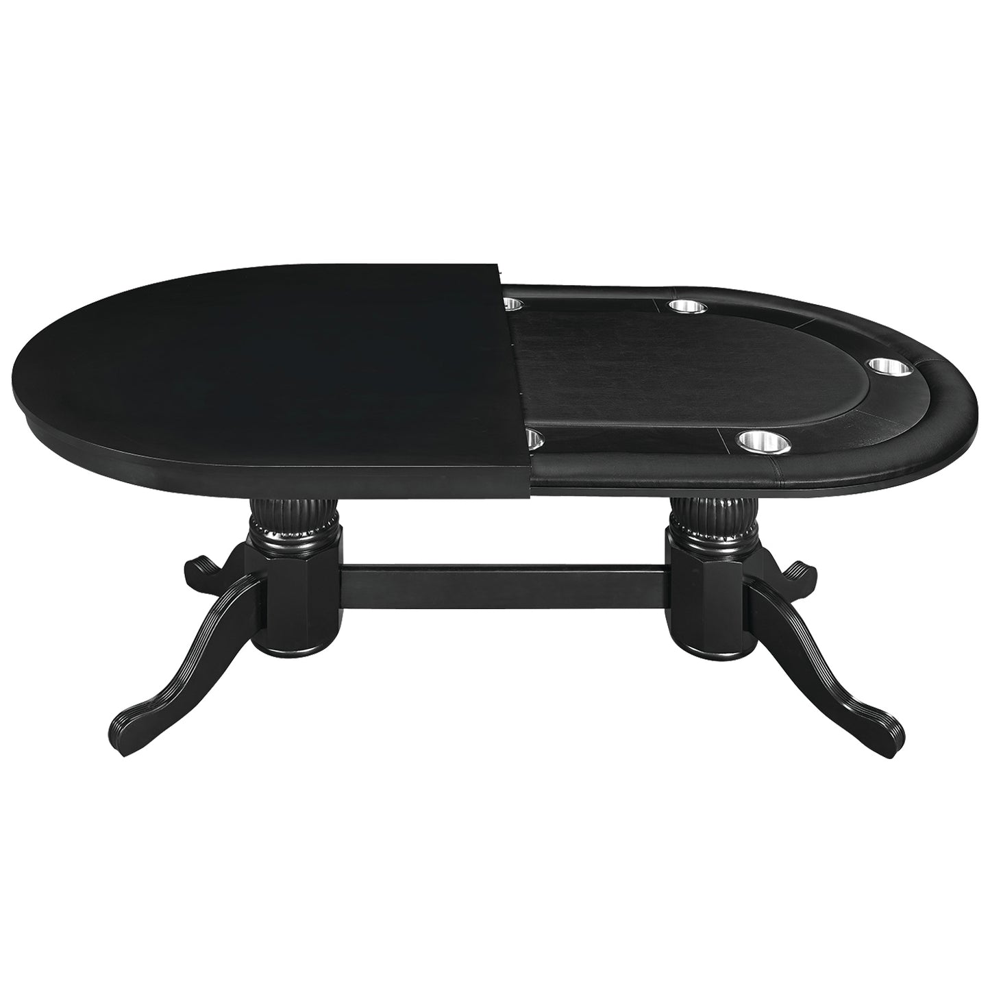 Texas Hold'em 84" Poker Table with Optional Dining Top in Black. 84" long with dining top, 80" without. Padded rail.