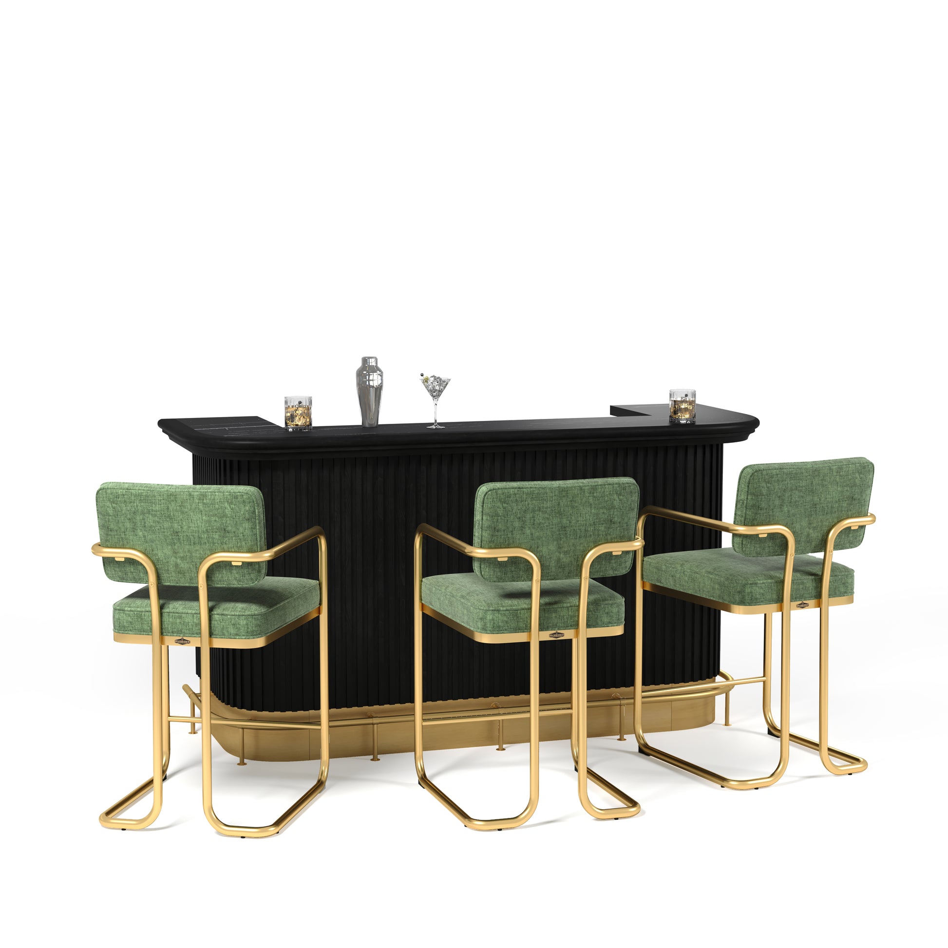 Prohibition 84"Cocktail Bar in Black with optional Footrail and Prohibition Barstools in green.