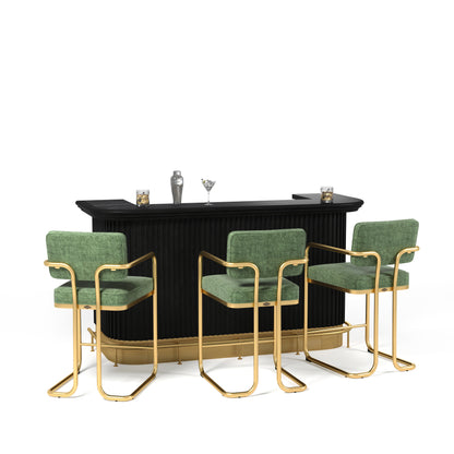 Prohibition 84"Cocktail Bar in Black with optional Footrail and Prohibition Barstools in green.