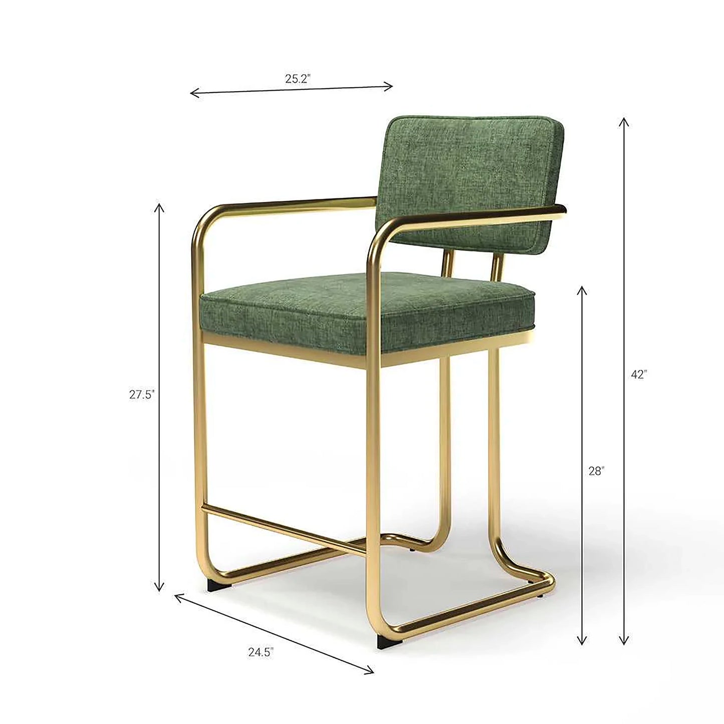 Prohibition Barstool is 24.5"w, 25.2" d, 42" h. The seat is 28" h and the arms are 37" h. This barstool is built to last.