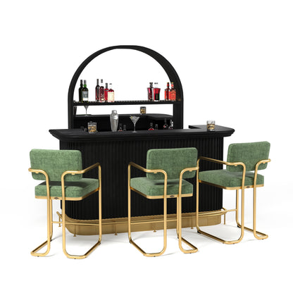 Prohibition 84"Cocktail Bar in Walnut with optional Prohibition Bar Back, Footrail, and Prohibition Barstools in green.
