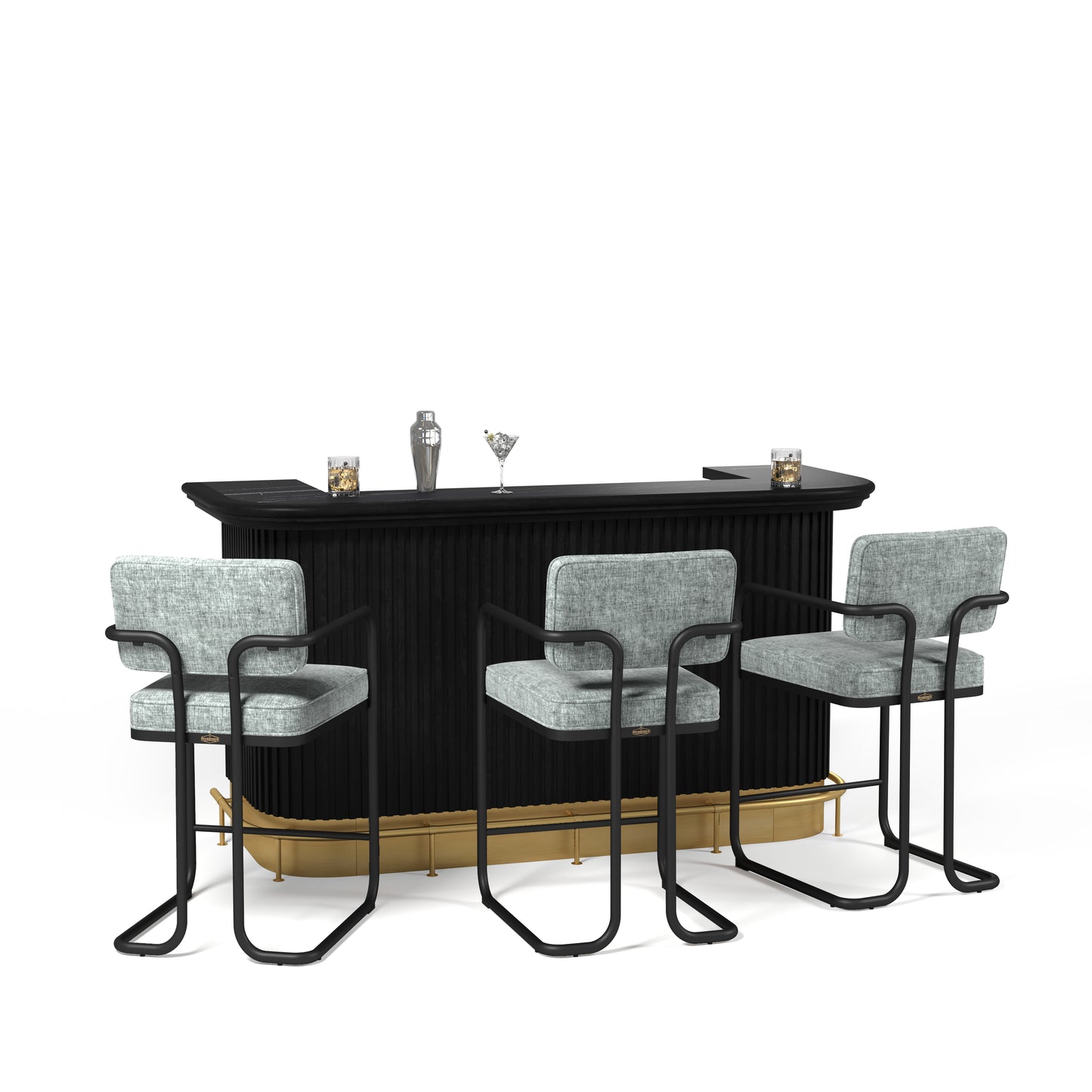 Prohibition 84"Cocktail Bar in Black with optional Footrail and Prohibition Barstools in gray.