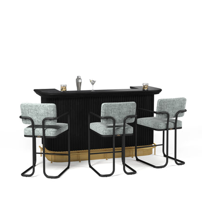 Prohibition 84"Cocktail Bar in Black with optional Footrail and Prohibition Barstools in gray.
