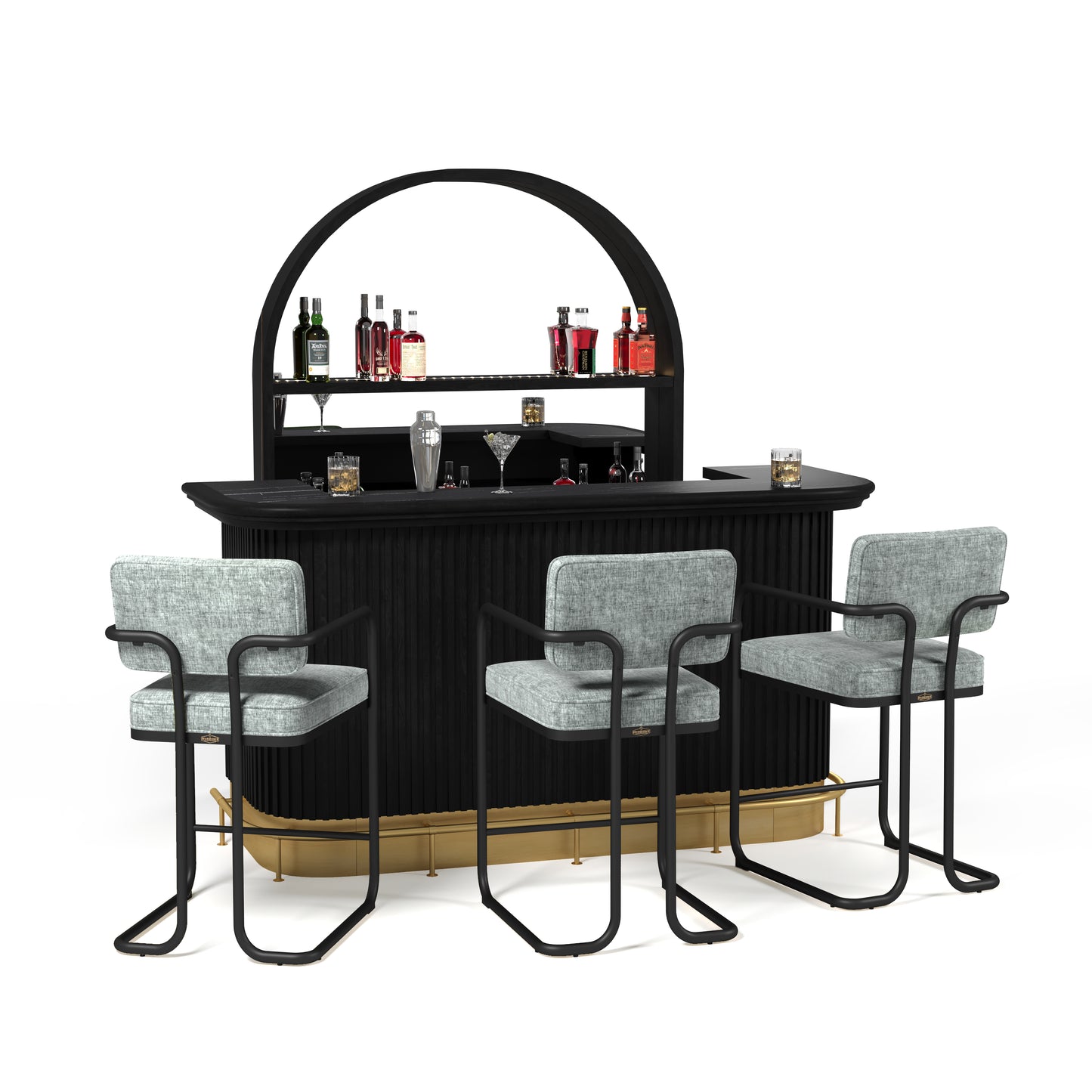 Prohibition 84"Cocktail Bar in Black with optional Prohibition Bar Back, Footrail, and Prohibition Barstools in gray.