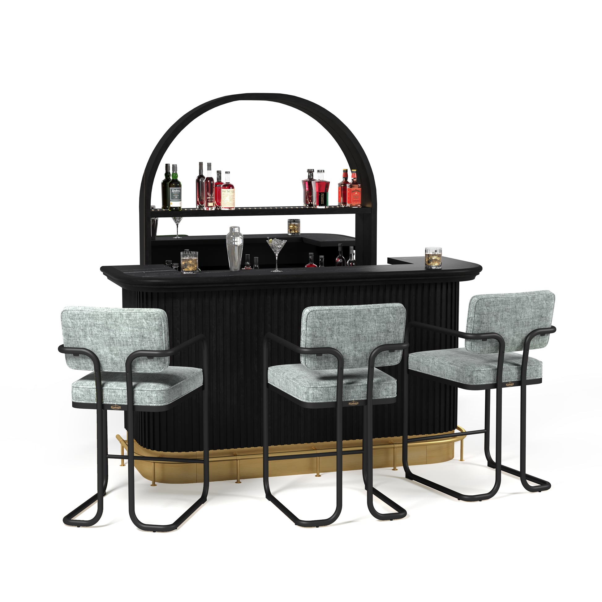 Prohibition 84"Cocktail Bar in Black with optional Prohibition Bar Back, Footrail, and Prohibition Barstools in gray.