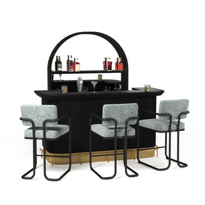 Prohibition 84"Cocktail Bar in Black with optional Prohibition Bar Back, Footrail, and Prohibition Barstools in gray.