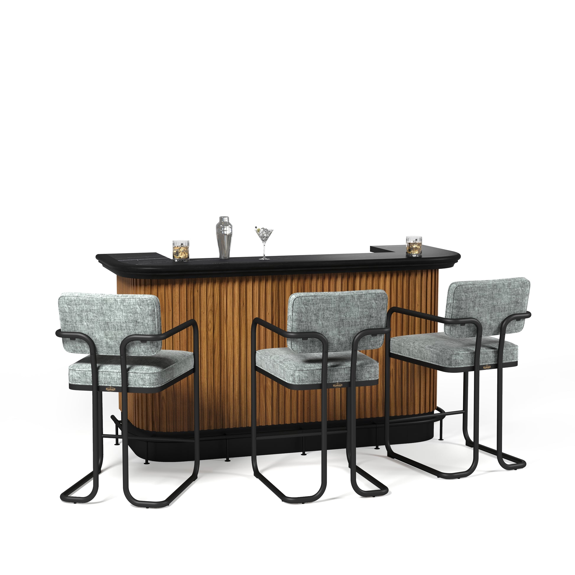 Prohibition 84"Cocktail Bar in Walnut with optional Footrail and Prohibition Barstools in gray.