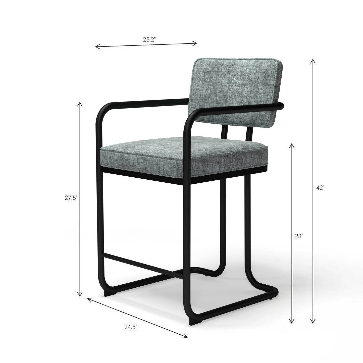 Prohibition Barstool is 24.5"w, 25.2" d, 42" h. The seat is 28" h and the arms are 37" h. This barstool is built to last.