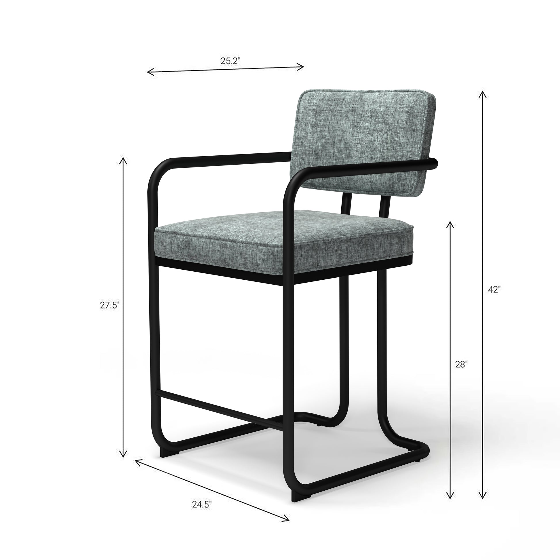 Prohibition Barstool is 24.5"w, 25.2" d, 42" h. The seat is 28" h and the arms are 37" h. This barstool is built to last.