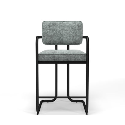 Prohibition Barstool in Gray with black frame or Green with a brass frame is sturdy, wide, deep and comfy!