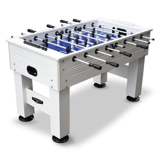 The Highlander 55" indoor-outdoor foosball table with white gloss cabinet and blue playing surface will look terrific in your Man Cave.