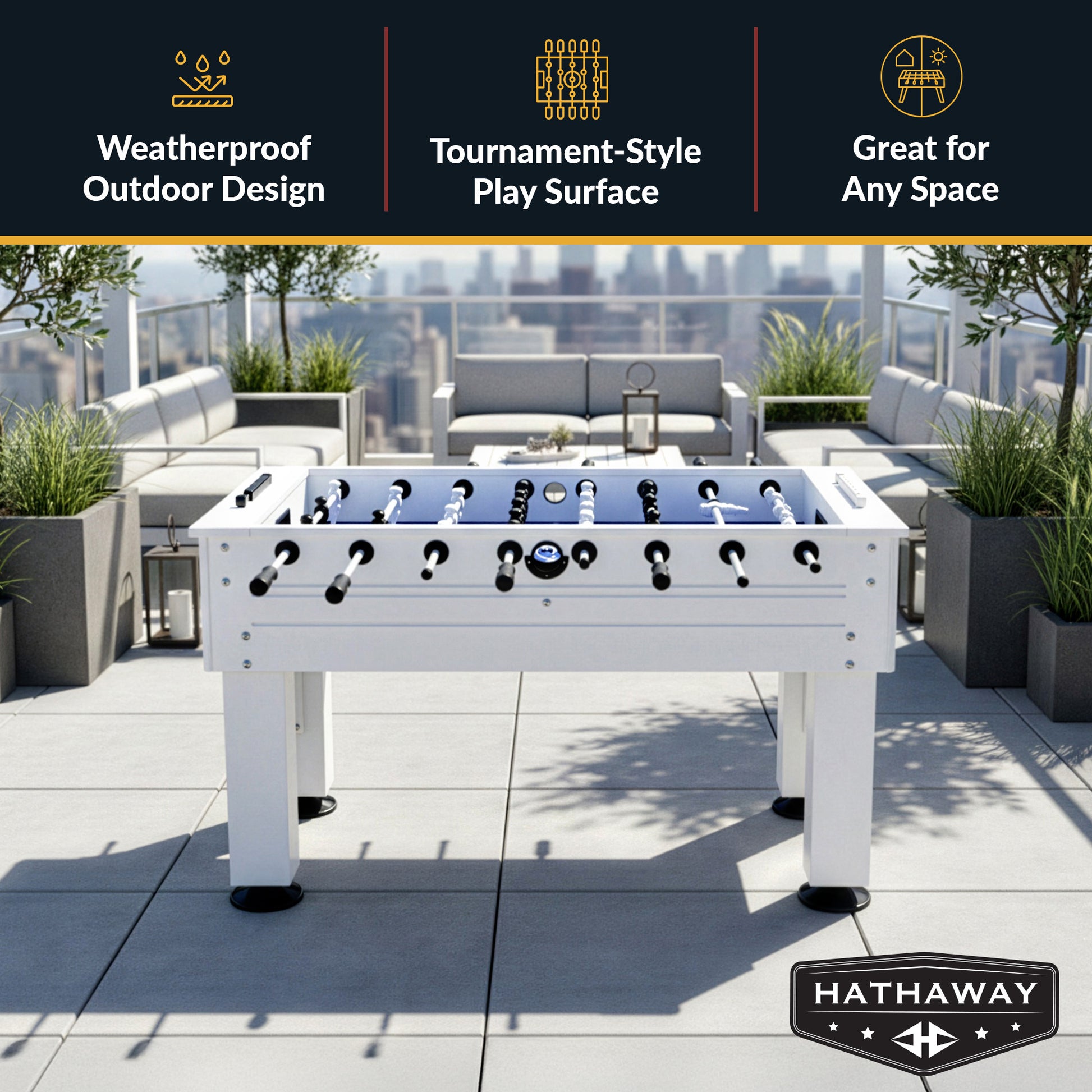 Highlander indoor-outdoor foosball table features a waterproof frame and rust-proof aluminum rods for fun in the sun!