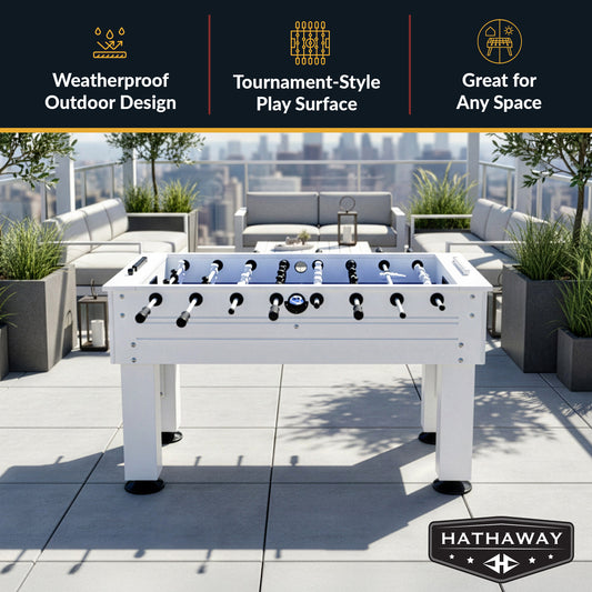 Highlander indoor-outdoor foosball table features a waterproof frame and rust-proof aluminum rods for fun in the sun!