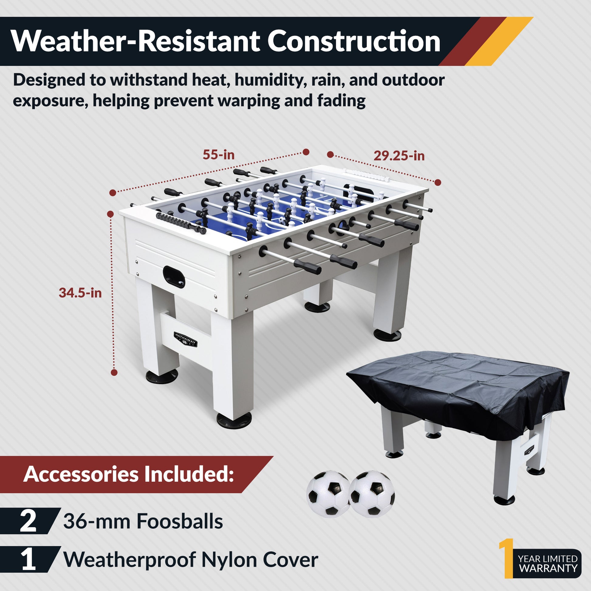 Highlander is weather-resistant and includes a weatherproof Nylon Cover. Table dimensions: 55" long, 29.25" wide, 34.5" high