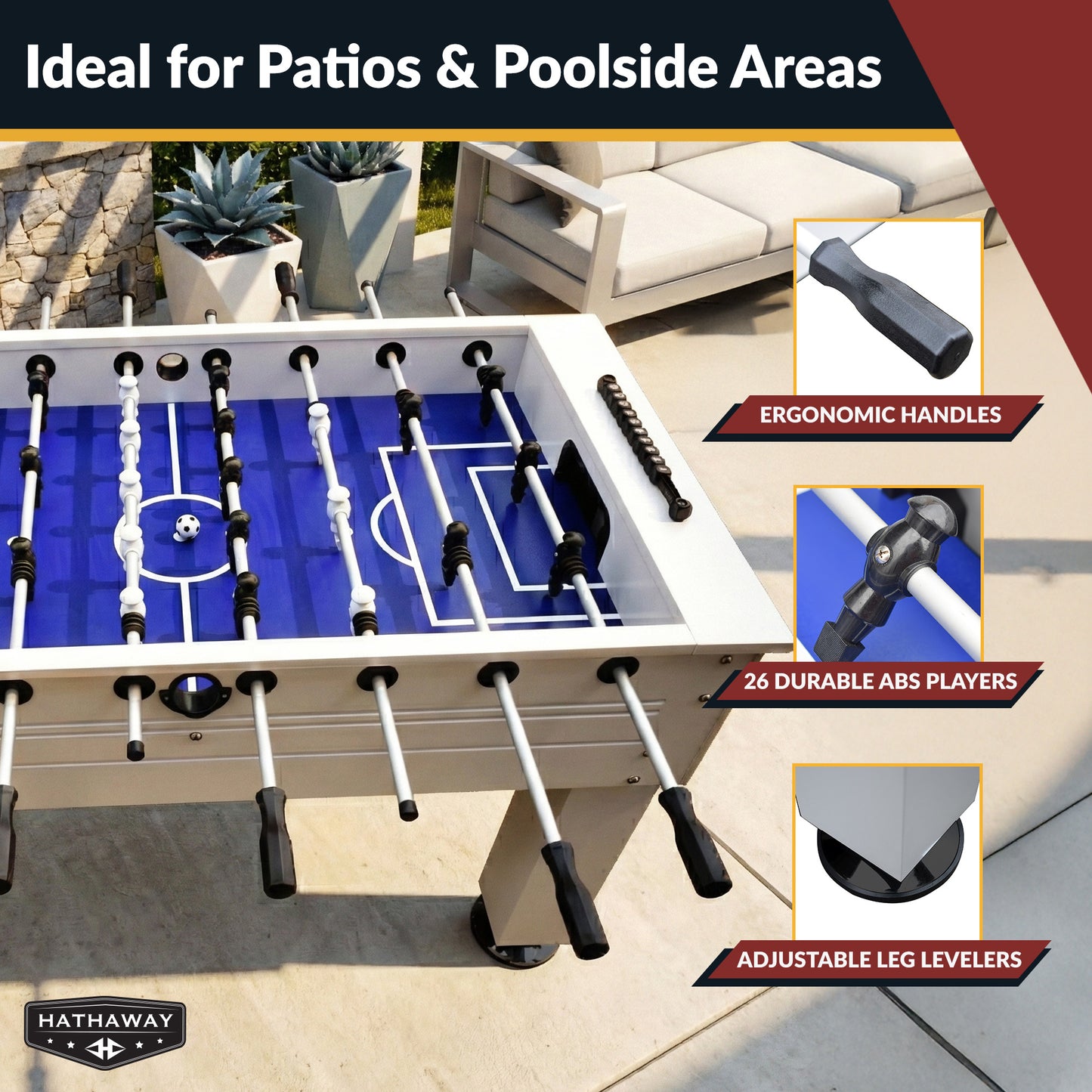 Highlander outdoor foosball table adjustable leg levelers, ergonomic handles and is configured with three goalies.