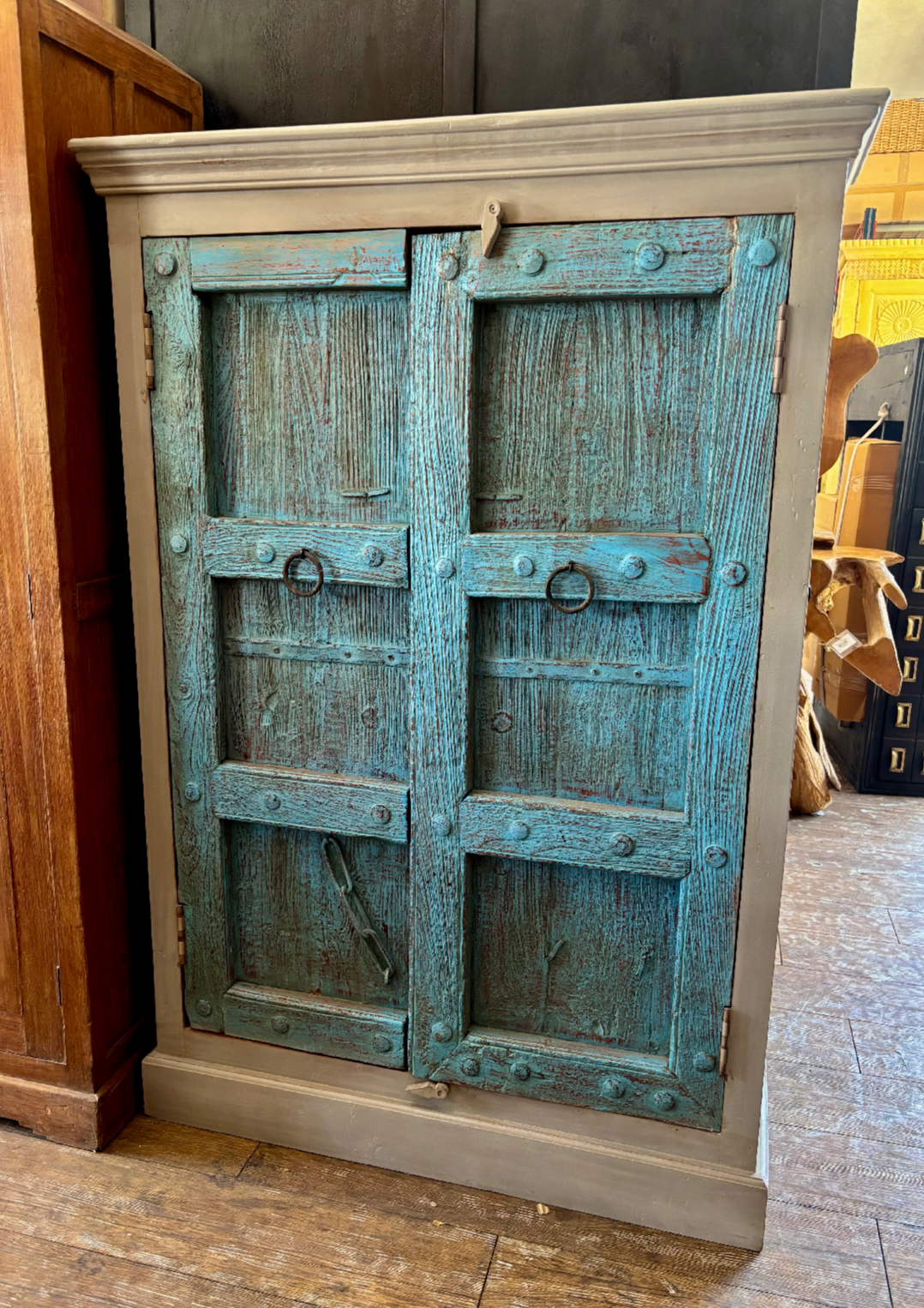 The Broward Design Center - Turquoise Reclaimed Door Storage Cabinet