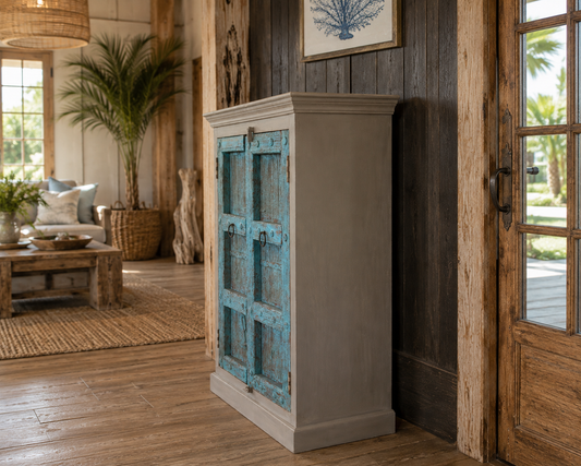 The Broward Design Center - Turquoise Reclaimed Door Storage Cabinet