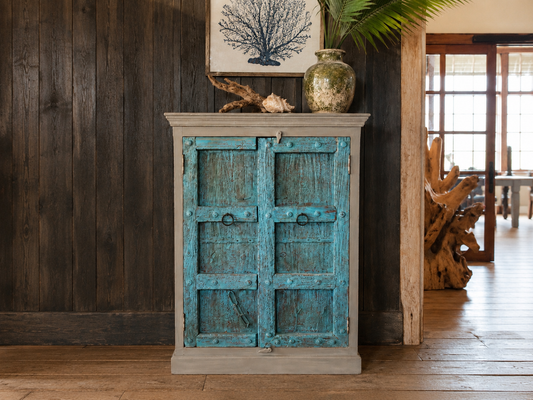 The Broward Design Center - Turquoise Reclaimed Door Storage Cabinet