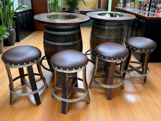 Oak Wood Wine Barrels - Whiskey & Wine Barrel Double Bar Set - Wood or Glass Top, 0–8 Stools