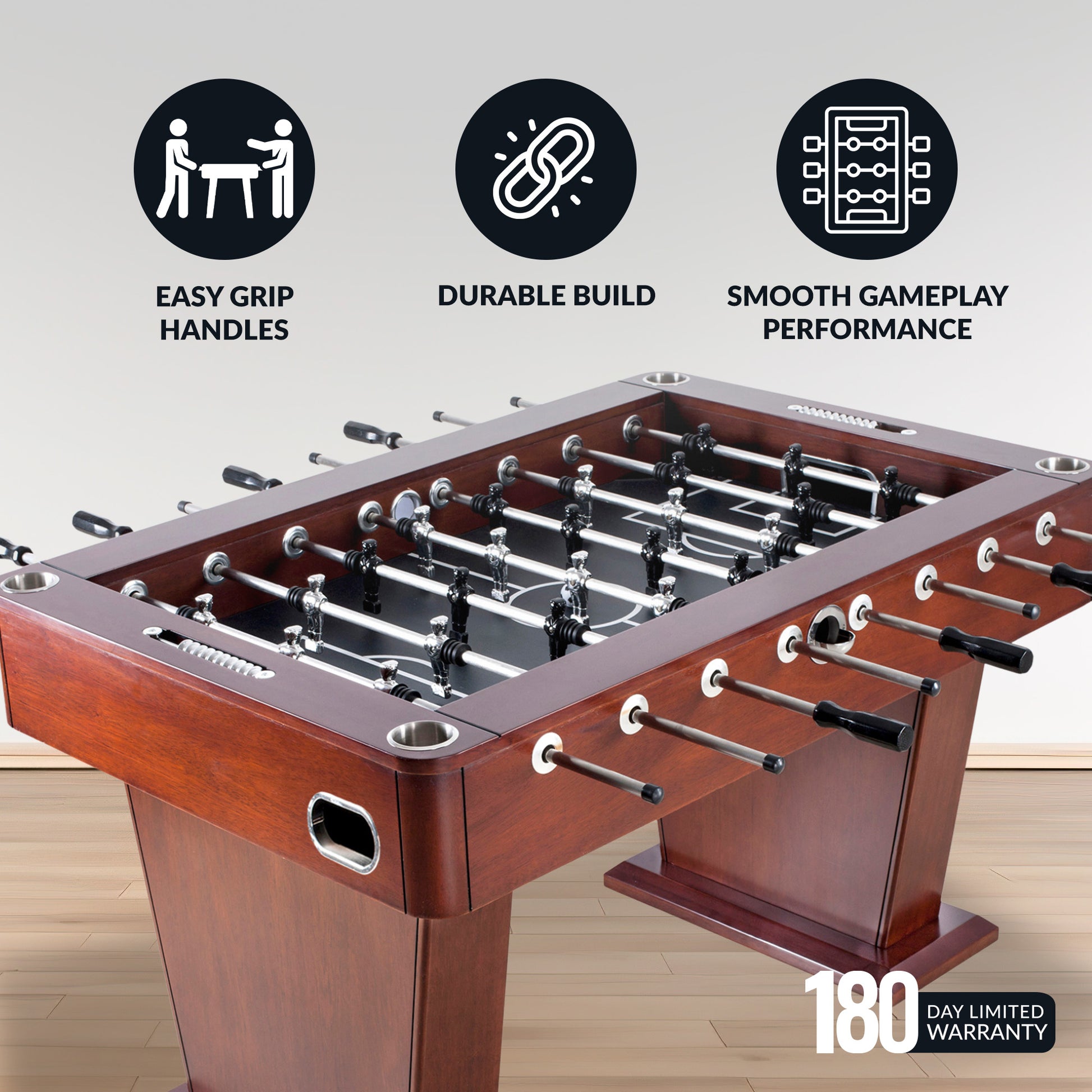 Millennium foosball table of solid birch and birch veneers, easy grip handles, and three goalie configuration. 180-day warranty.