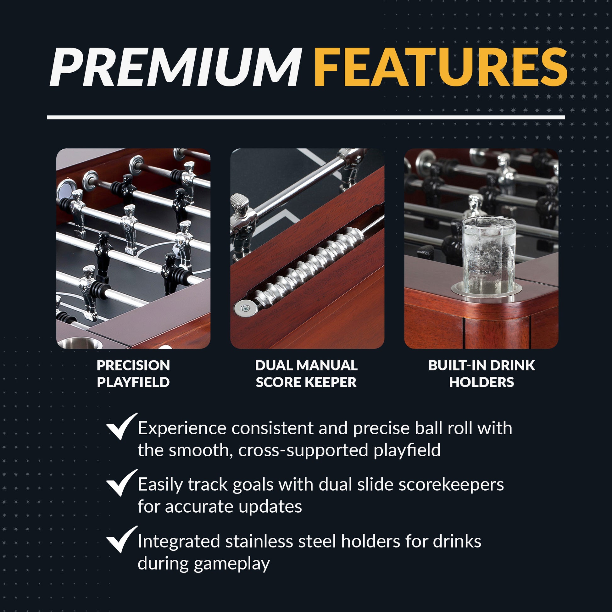 Millennium foosball table with ABS counter-balanced players in silver and black and built-in stainless steel drink holders.