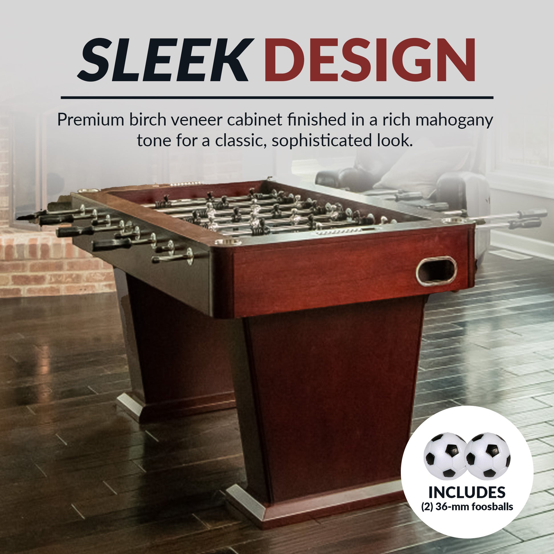 Millennium foosball table with manual slide scoring counters, auto ball return system, and a sleek design.