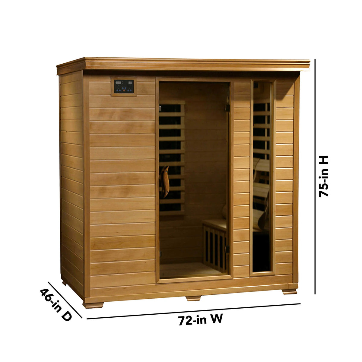 Monticello 4-Person Hemlock Sauna stands 75" high, 72" wide, and 46" deep. Sauna requires 120V / 20A power.