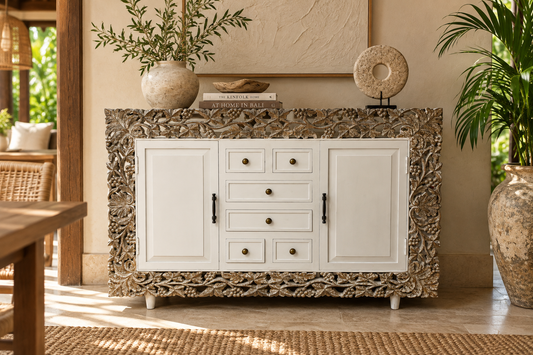 The Broward Design Center Carved White Sideboard with Drawers & Cabinets - 60 x 18 x 39 in