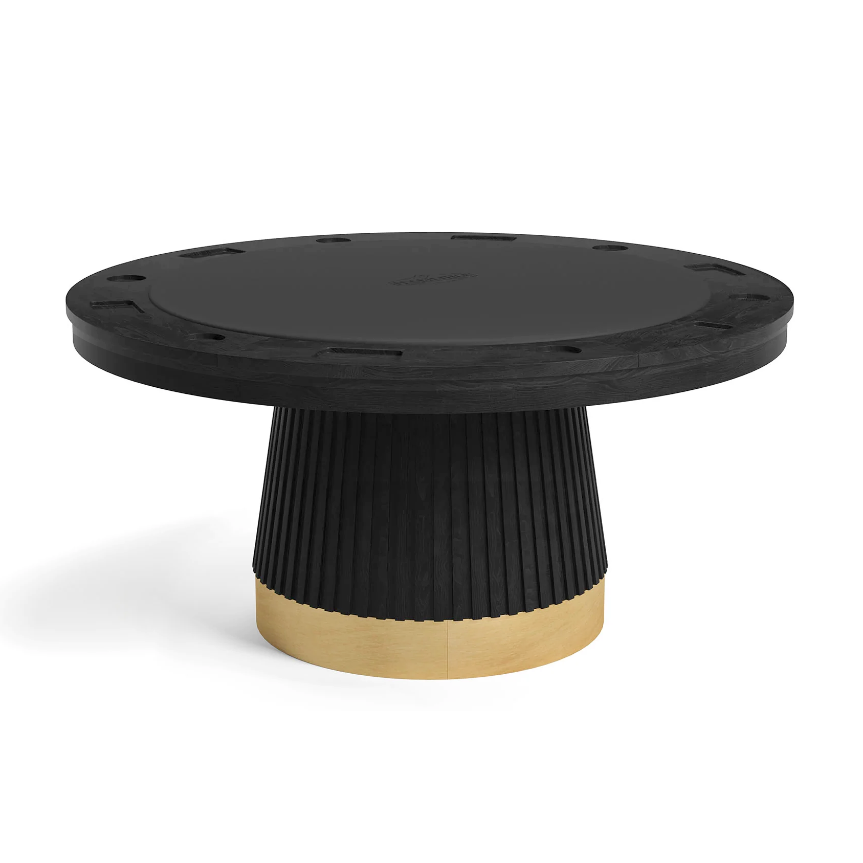 Prohibition 60" poker table in matte black, faux-leather playing surface with embossed logo. Shown with standard poker top. Seats six.