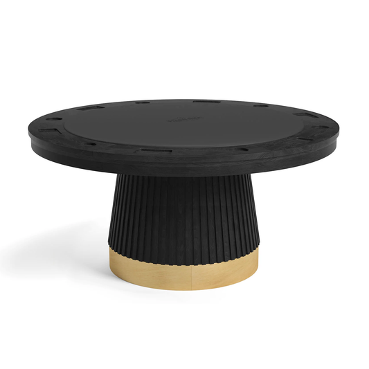 Prohibition 60" poker table in matte black, faux-leather playing surface with embossed logo. Shown with standard poker top. Seats six.