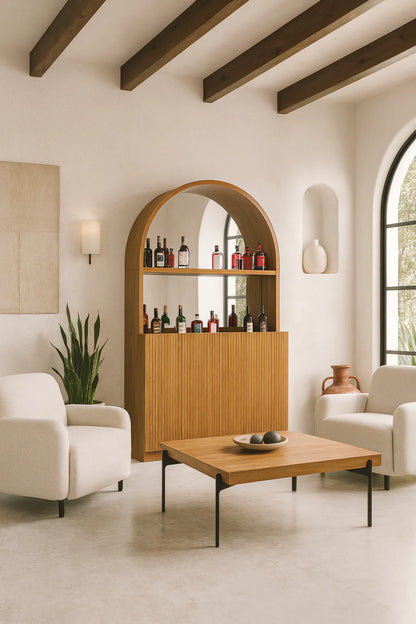 Prohibition Back Bar, shown in Walnut with a mirrored back. Beautiful 1930s Art Deco style - the cat's pajamas!