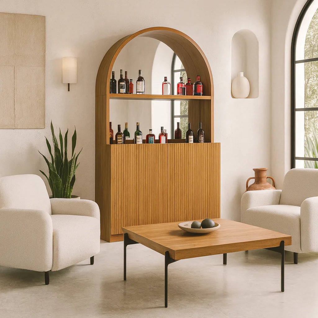 Prohibition Back Bar, shown in Walnut with a mirrored back. Beautiful 1930s Art Deco style - the cat's pajamas!  1-Year Limited Warranty